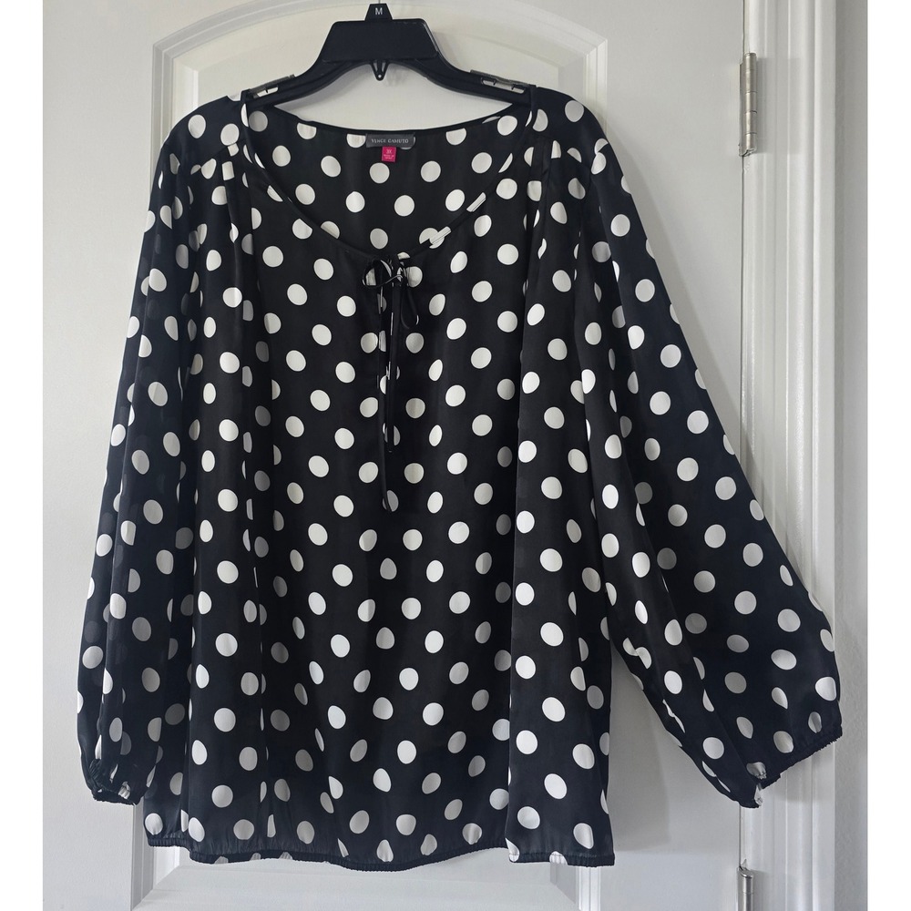 Vince Camuto Womens 3X Black White Polka Dot Balloon Sleeve Tie Neck Blouse Top